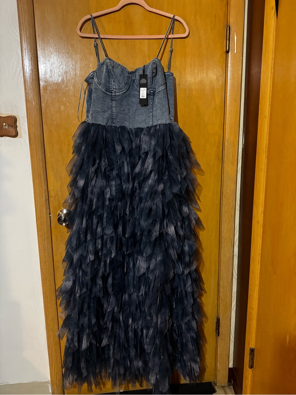Dark Navy Tulle Ruffle Maxi Dress with Denim Bodice